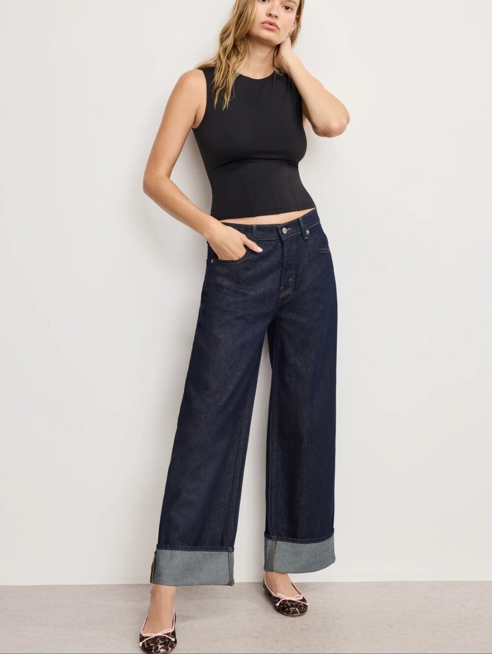 Good American Wide Leg Cuffed Dark Blue High-Rise Women's Jeans